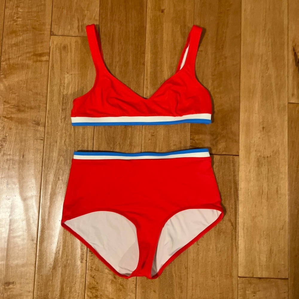 SOLID AND STRIPED 2 PC. HIGH RISE BIKINI SET, SIZE LARGE, RED/WHITE